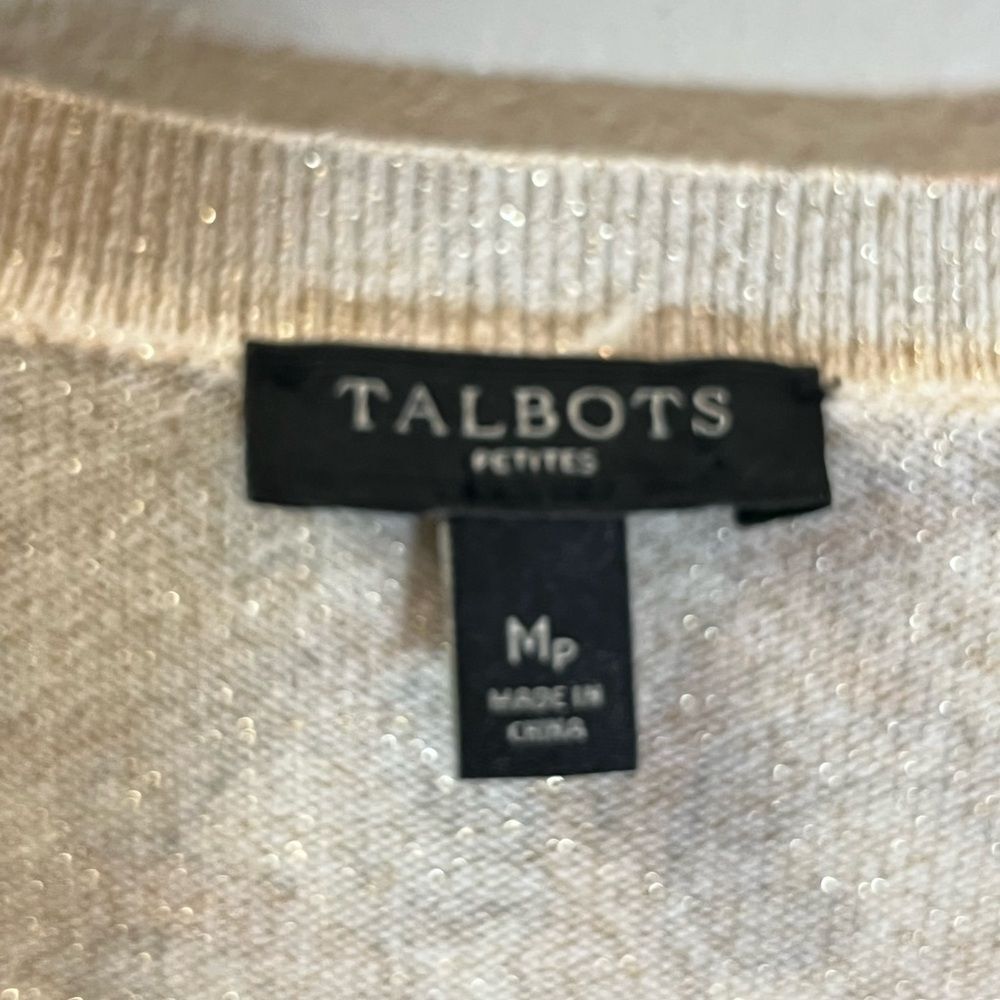Talbots Petites Neutral Floral Print Cardigan Sweater Petite M | Metallic - Picture 5 of 8